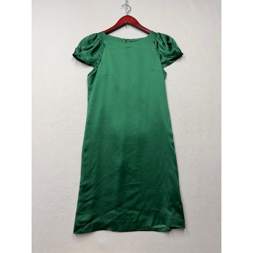 Banana Republic Silk Dress Womens 2 Green Satin Puff Sleeve Sheath HOL 07 Y2K